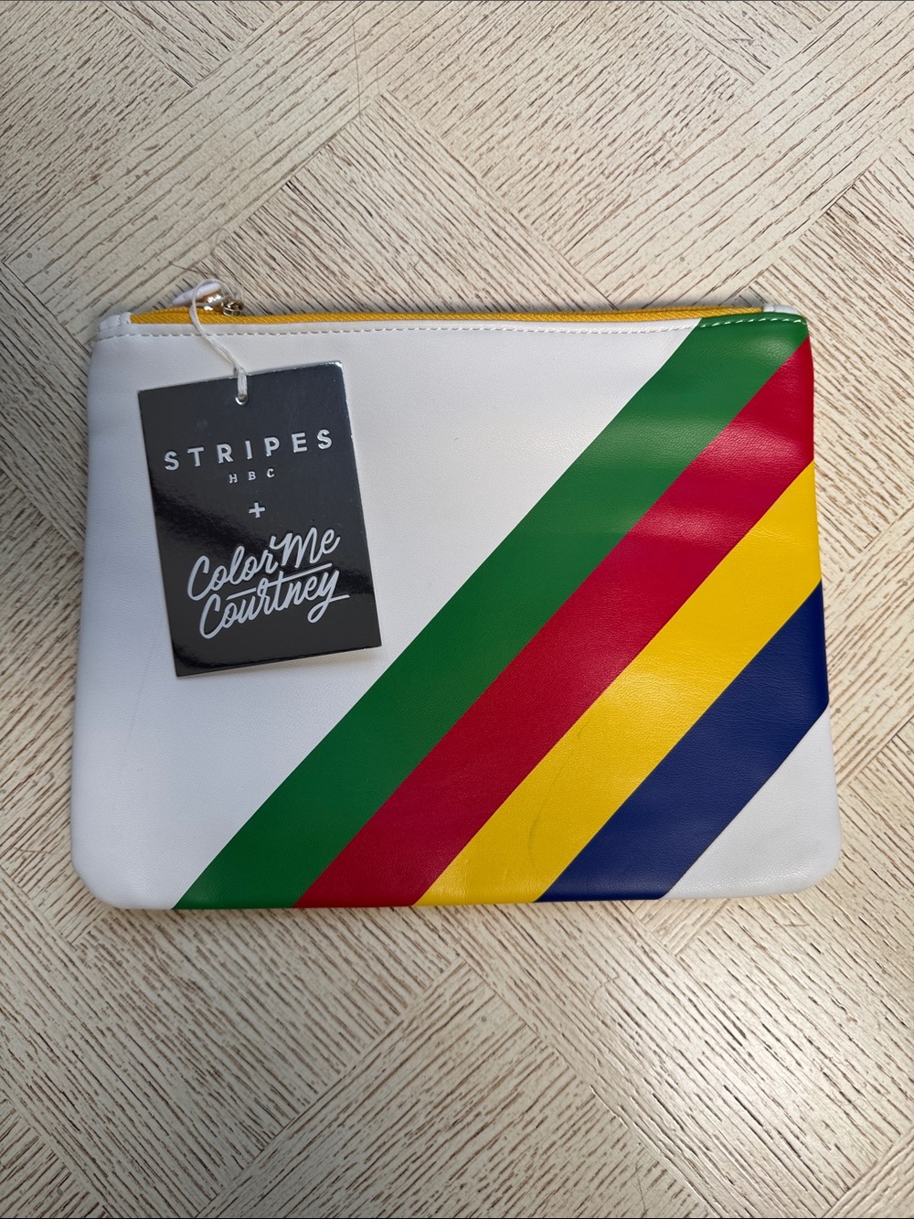 ColorMe Courtney White Clutch Pouch with Green, Red, Yellow & Blue Stripes